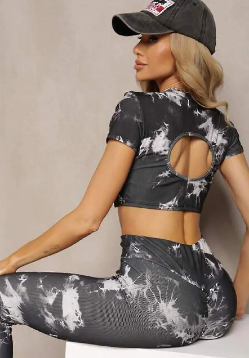 Czarny Komplet Sportowy z Printem Tie-Dye z Koszulą Cropped i Legginsami Davenia