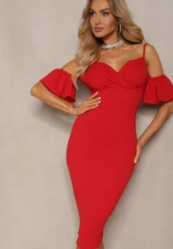 Czerwona Sukienka Bodycon z Falbankami przy Ramionach Oiberia