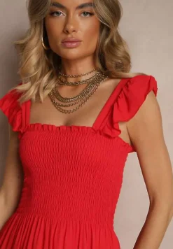 Czerwona Sukienka z Bawełny na Ramiączkach Ozdobiona Falbanami i Gumkami Mevalys
