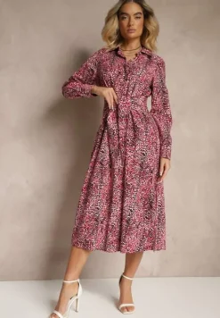 Czerwona Sukienka z Bawełny w Panterkowy Print o Koszulowym Kroju Wiązana w Pasie Inoraelis
