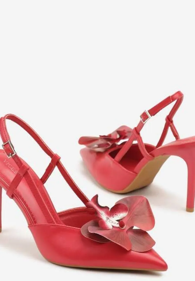 Czerwone Sandały na Szpilce Vices Slingback z Kwiatem 3D Koviano