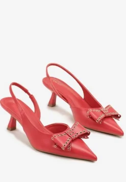 Czerwone Sandały Vices na Kaczuszce Slingback z Kokardą i Nitami Fennadia