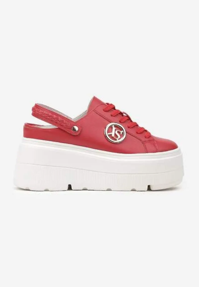 Czerwone Sneakersy Vices na Platformie z Tłoczeniem Paskiem na Pięcie i Metaliczną Aplikacją Selfedi