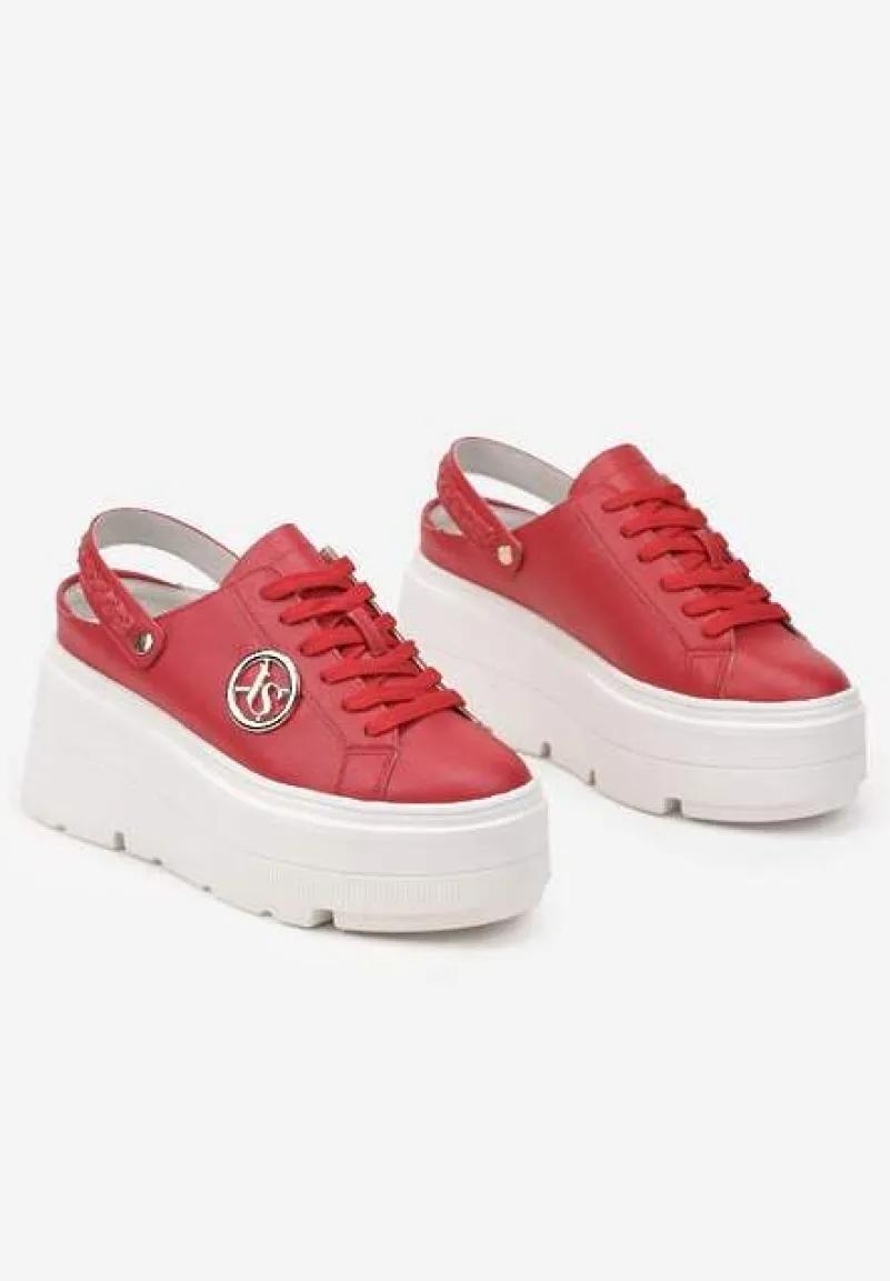 Czerwone Sneakersy Vices na Platformie z Tłoczeniem Paskiem na Pięcie i Metaliczną Aplikacją Selfedi