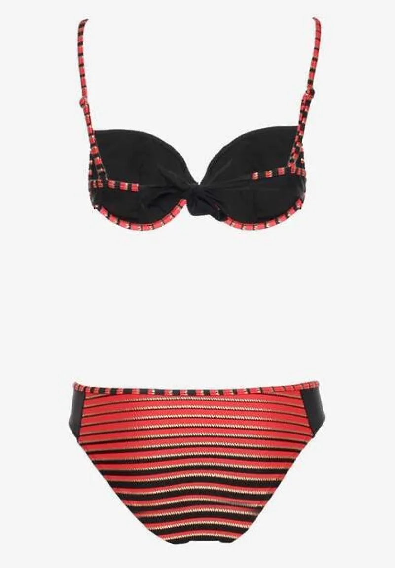 Czerwono-Czarne Bikini Dwuczęściowe w Paski Biustonosz i Figi Wialisa