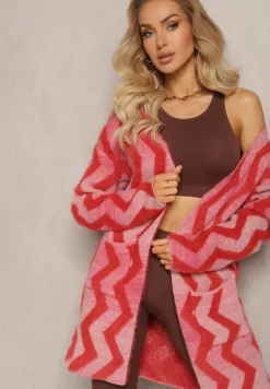 Czerwony Luźny Kardigan Niezapinany w Geometryczny Print Sheshy