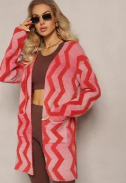 Czerwony Luźny Kardigan Niezapinany w Geometryczny Print Sheshy