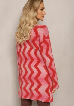 Czerwony Luźny Kardigan Niezapinany w Geometryczny Print Sheshy