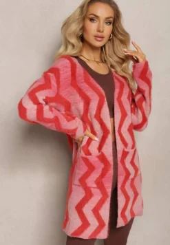 Czerwony Luźny Kardigan Niezapinany w Geometryczny Print Sheshy