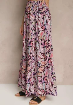 Fioletowa Spódnica Rozkloszowana High Waist z Motywem Paisley Nevolissa