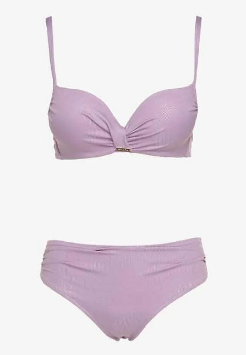 Fioletowe Bikini Majtki Typu Figi i Biustonosz z Usztywnianymi Miseczkami oraz Marszczeniem Jonbia