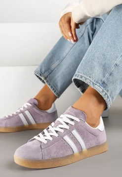 Fioletowo-Białe Sneakersy Zamszowe Typu Tenisówki ze Skórzaną Wkładką Ciarivione