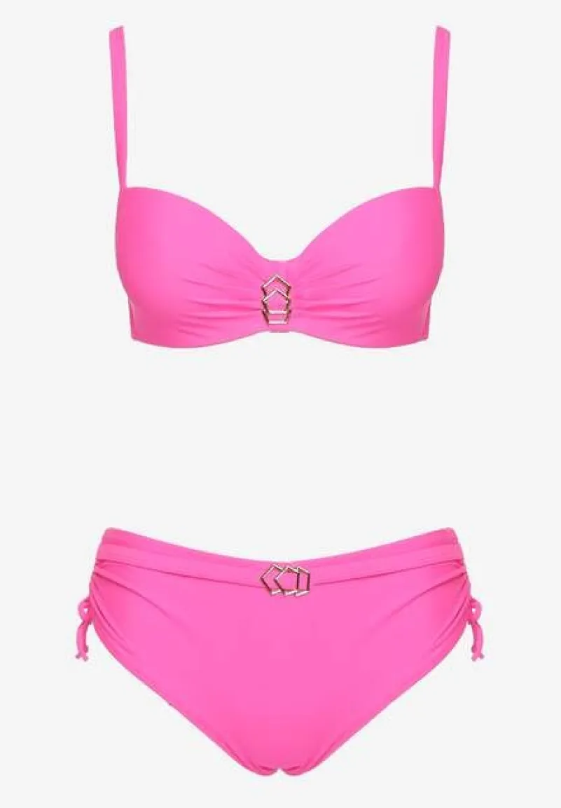 Fuksjowe Bikini Majtki Typu Figi i Biustonosz z Metalicznymi Ozdobami Kinasara
