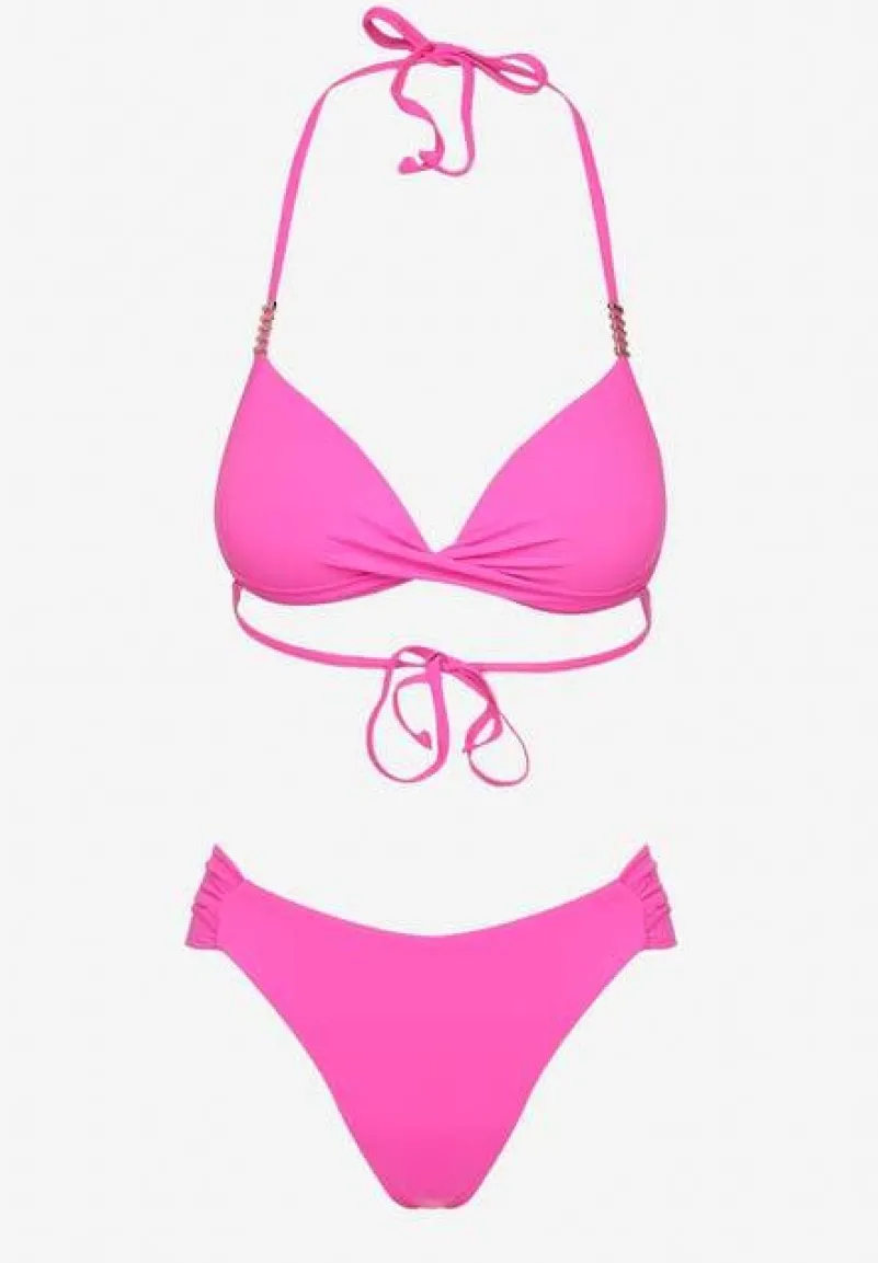 Fuksjowe Bikini Wiązany Biustonosz Push Up i Majtki Typu Figi Mirisenia