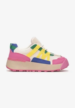 Fuksjowe Sznurowane Płaskie Sneakersy z Kolorowymi Wstawkami z Ekoskóry Wonise