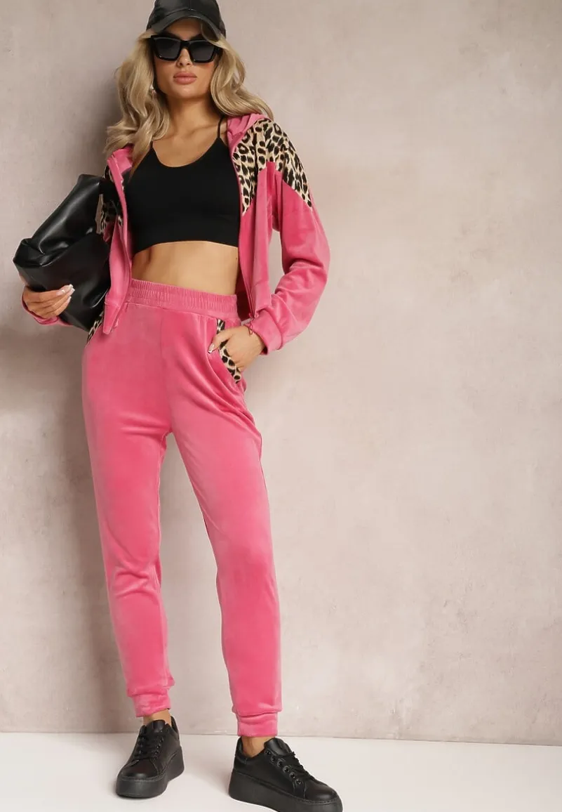 Fuksjowy Welurowy Komplet Dresowy 2-Częściowy z Animal Print Bluza i Spodnie Atisilva