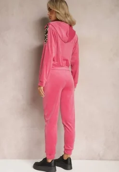 Fuksjowy Welurowy Komplet Dresowy 2-Częściowy z Animal Print Bluza i Spodnie Atisilva