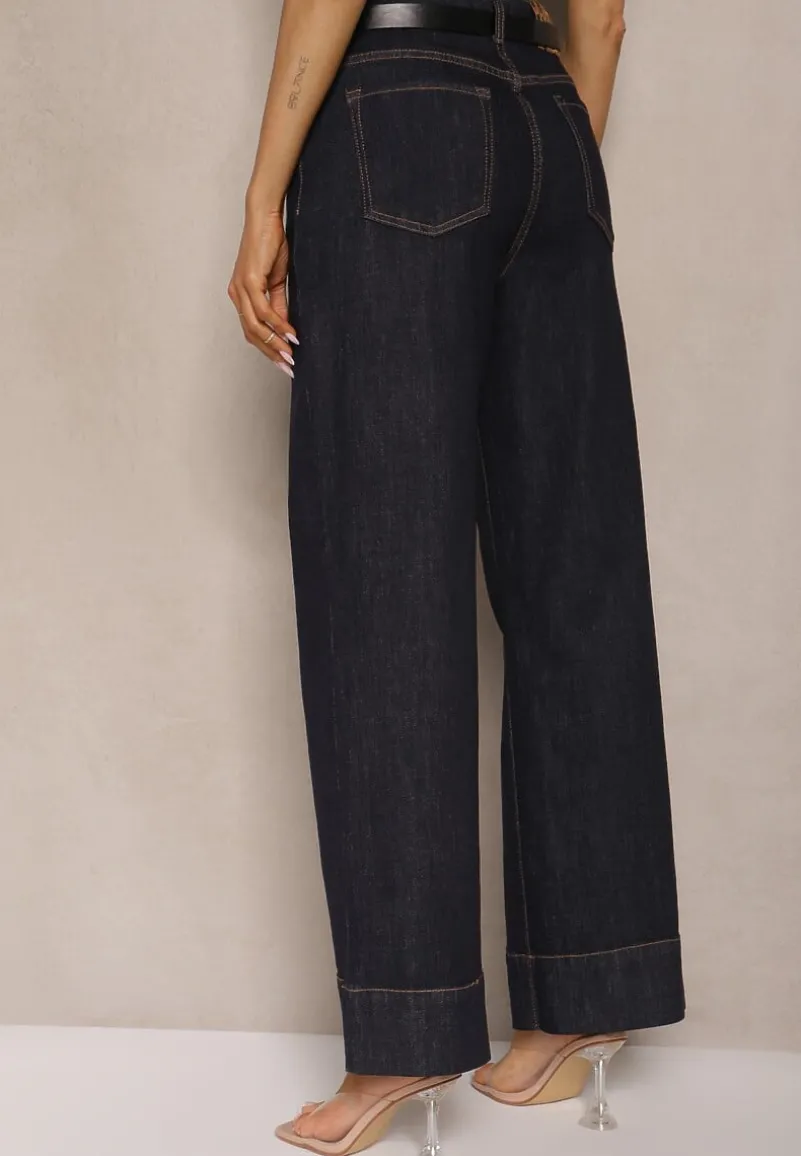 Granatowe Jeansy High Waist z Szeroką Nogawką Ulosetia