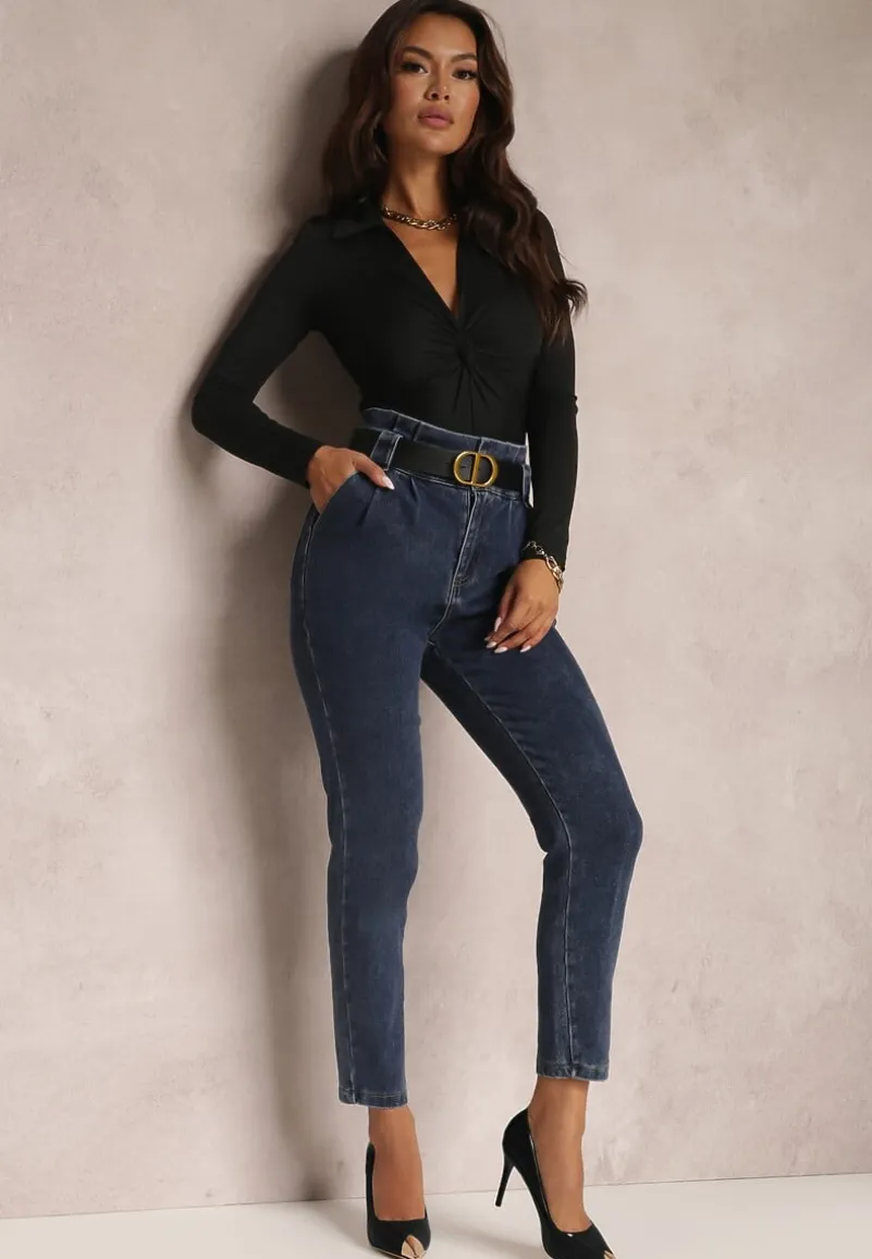 Granatowe Jeansy Mom Fit z Paskiem Astera