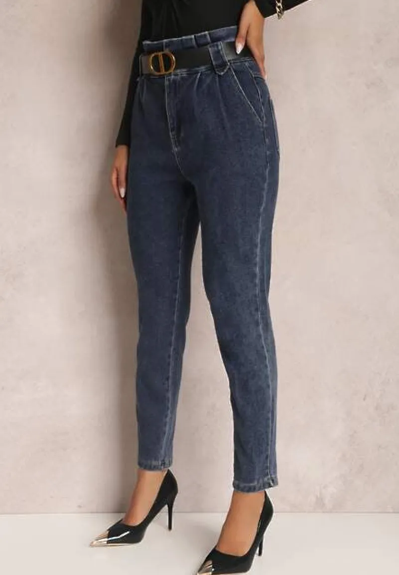 Granatowe Jeansy Mom Fit z Paskiem Astera