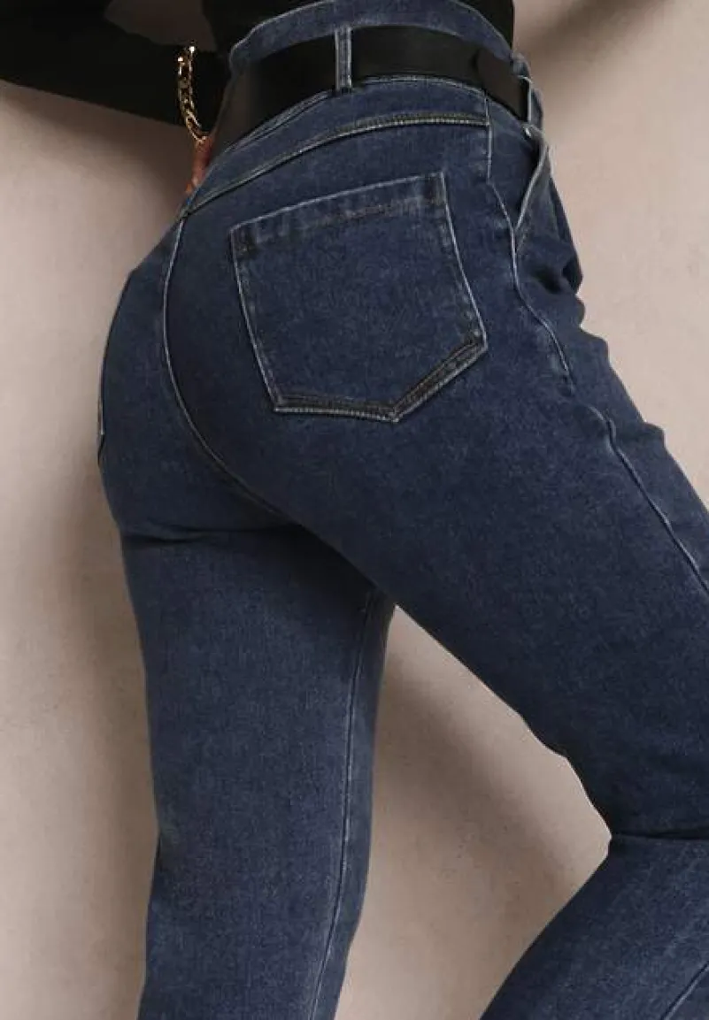 Granatowe Jeansy Mom Fit z Paskiem Astera
