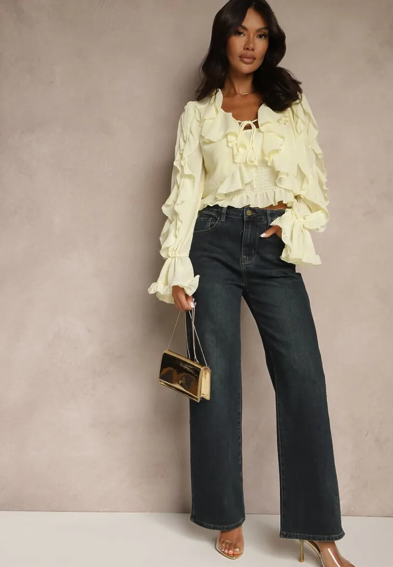 Granatowe Jeansy o Szerokim Kroju z Bawełną High Waist Vitira