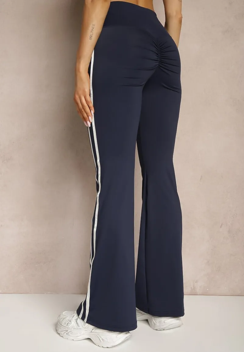 Granatowe Legginsy Flare High Waist z Marszczeniem i Lampasami Kirsena