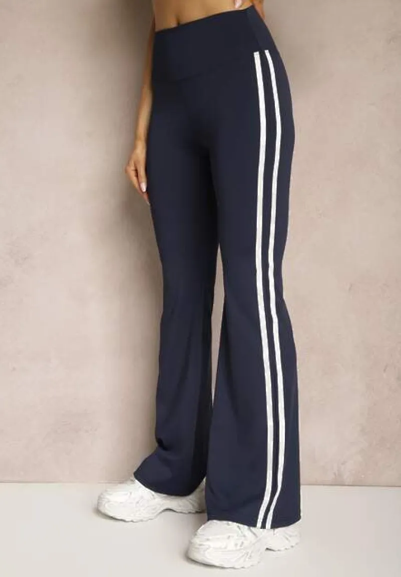 Granatowe Legginsy Flare High Waist z Marszczeniem i Lampasami Kirsena