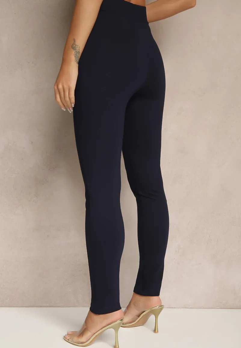 Granatowe Legginsy High Waist z Wiskozą z Cyrkoniowym Guzikiem Naliselle