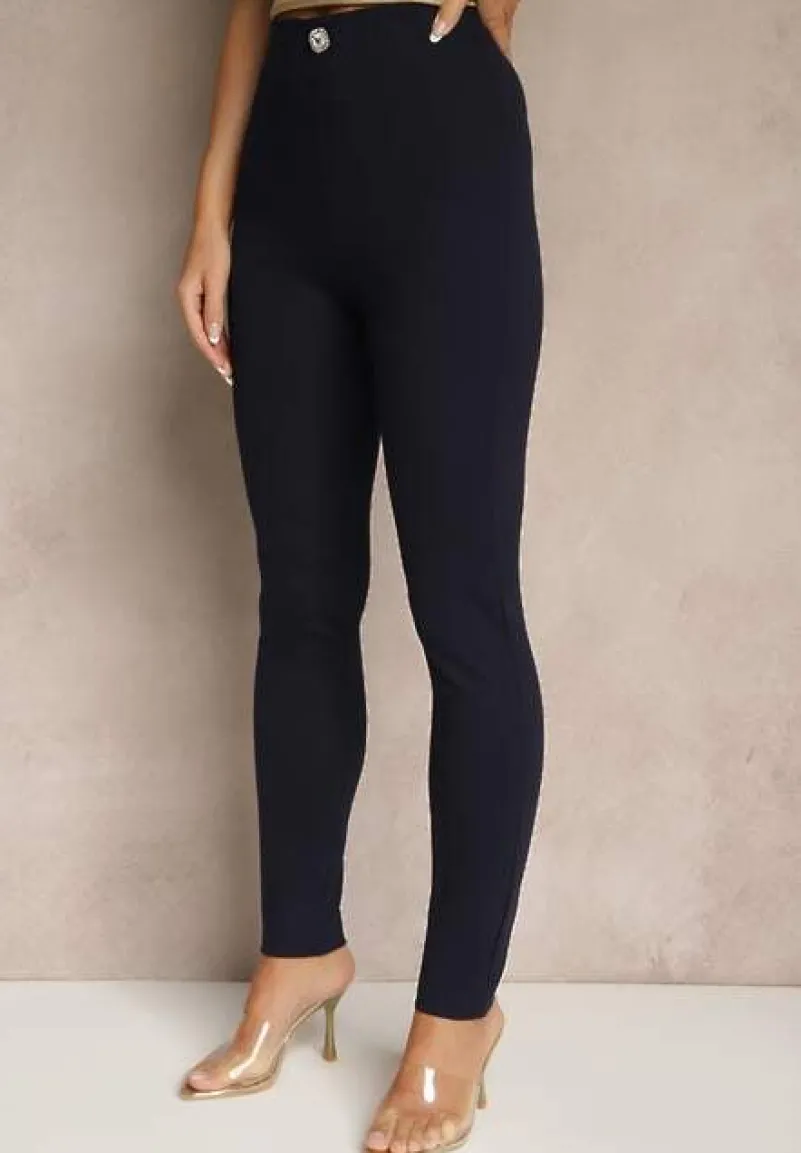 Granatowe Legginsy High Waist z Wiskozą z Cyrkoniowym Guzikiem Naliselle