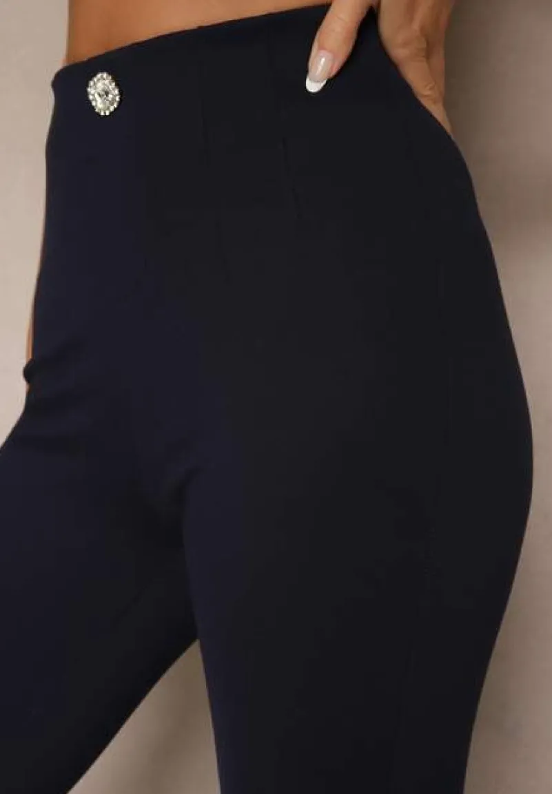 Granatowe Legginsy High Waist z Wiskozą z Cyrkoniowym Guzikiem Naliselle