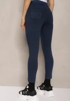 Granatowe Spodnie z Dodatkiem Bawełny High Waist Wiązane w Pasie Nirinne