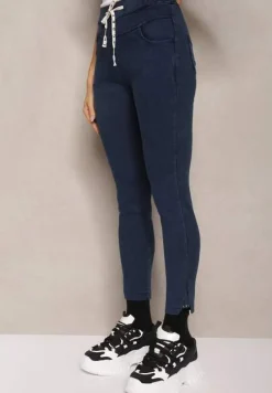 Granatowe Spodnie z Dodatkiem Bawełny High Waist Wiązane w Pasie Nirinne