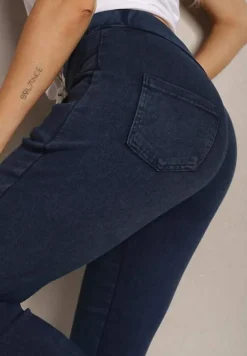 Granatowe Spodnie z Dodatkiem Bawełny High Waist Wiązane w Pasie Nirinne