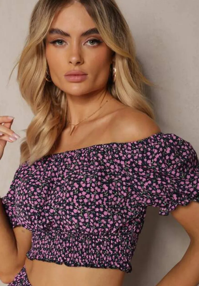 Granatowy Komplet w Kwiaty 2-Częściowy Top w Stylu Hiszpanki i Spódnica z Falbanką Crispa
