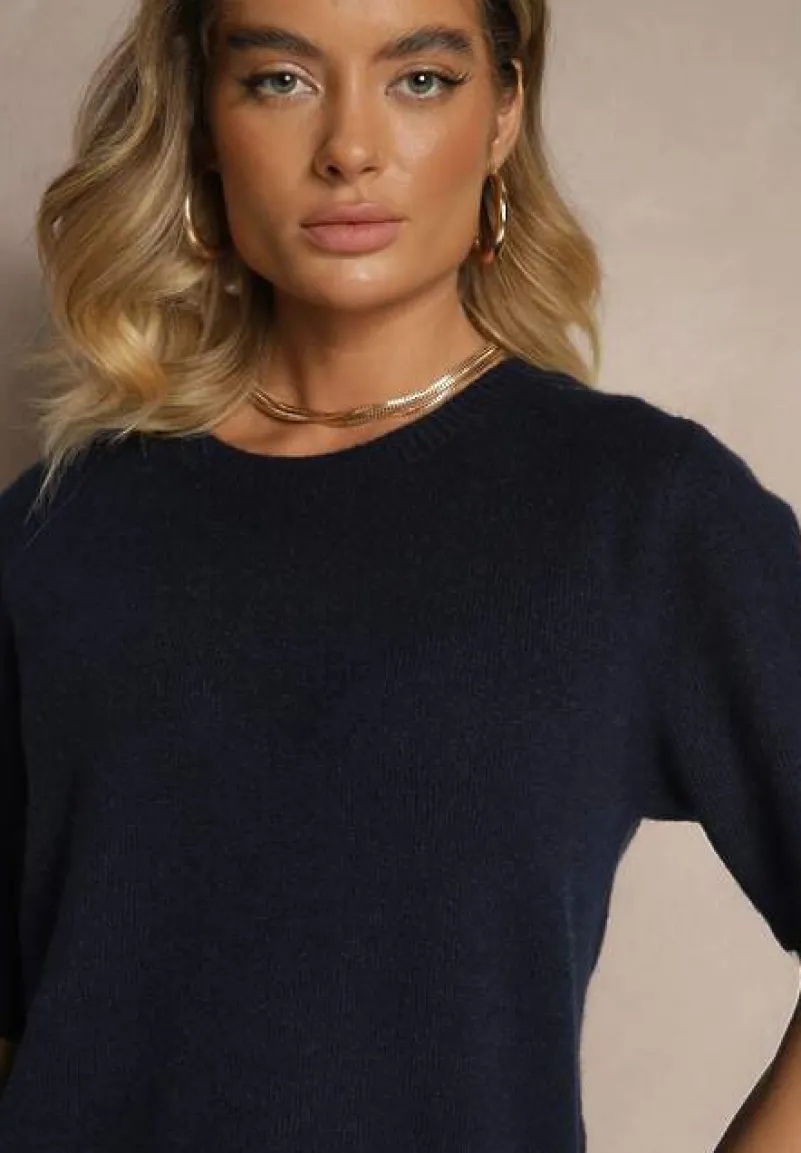 Granatowy Sweter z Wełną Krótkim Rękawem Ozdobiony Ściągaczami Emiralin