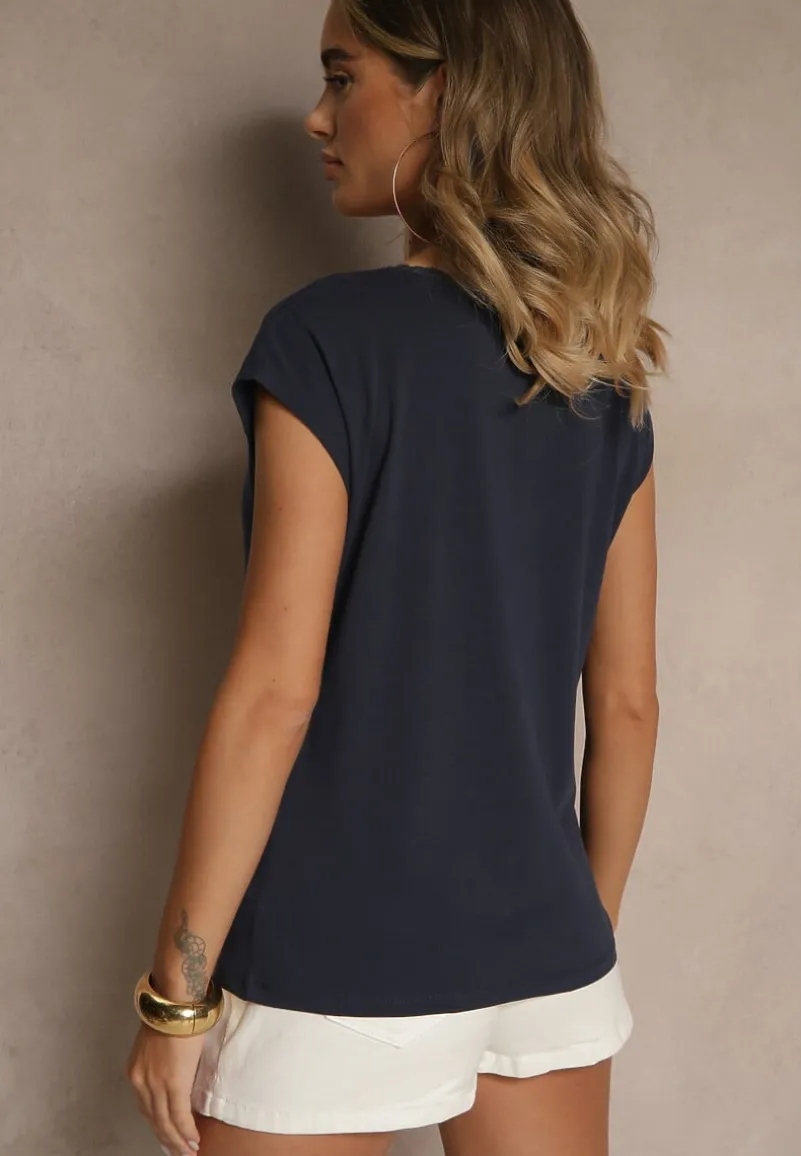 Granatowy T-shirt z Bawełny Ozdobiony Koronką Ralienne
