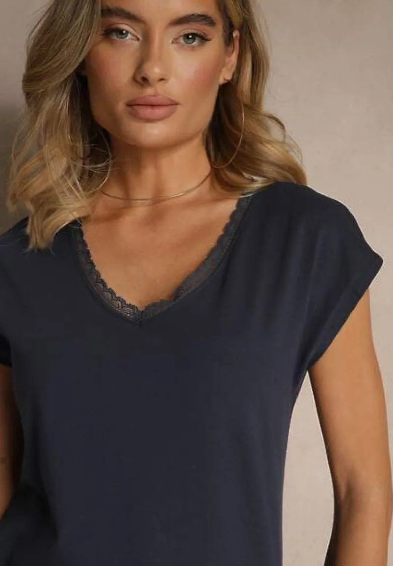 Granatowy T-shirt z Bawełny Ozdobiony Koronką Ralienne