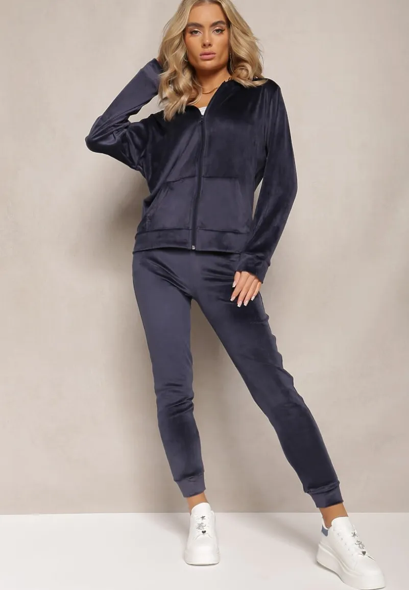 Granatowy Welurowy Komplet Dresowy Bluza z Kapturem i Proste Spodnie Arislo