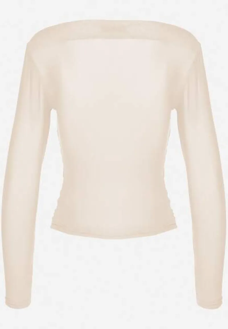 Jasnobeżowa Marszczona Bluzka z Siateczki Zdobiona Aplikacją w Kształcie Róży Olirisa