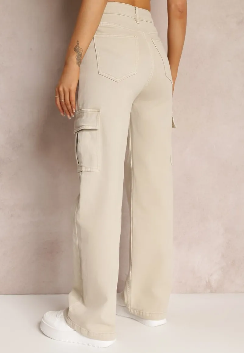 Jasnobeżowe Jeansy Cargo High Waist z Kieszeniami Anora
