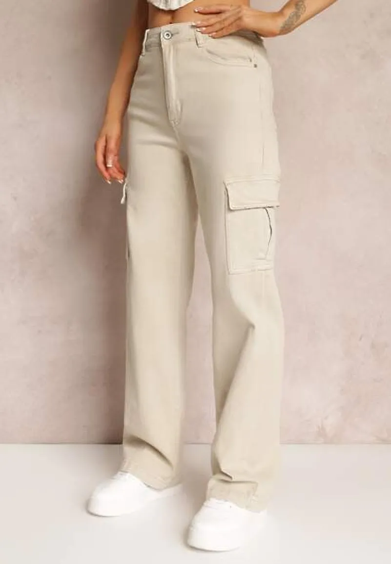 Jasnobeżowe Jeansy Cargo High Waist z Kieszeniami Anora