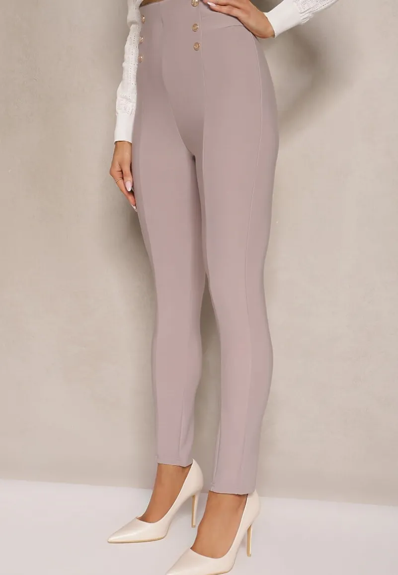 Jasnobeżowe Legginsy Bawełniane High Waist Ozdobione Guzikami Liorvia