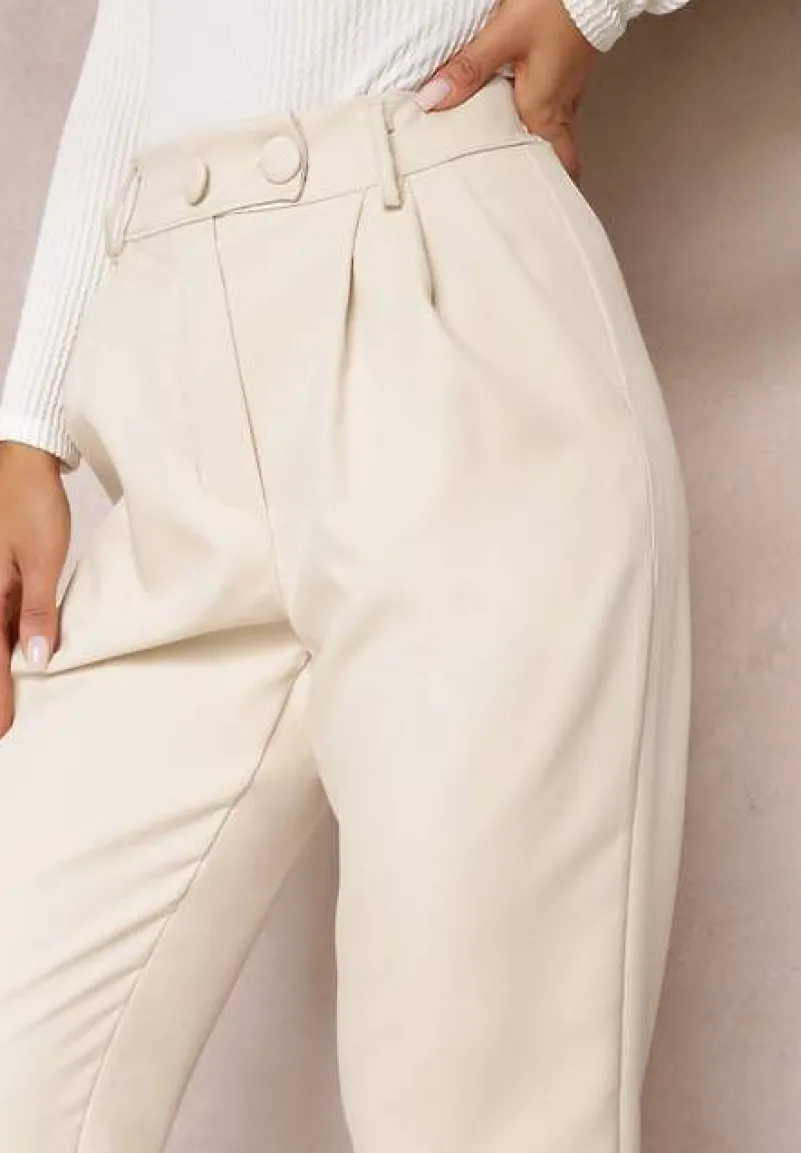 Jasnobeżowe Spodnie Cygaretki z Guzikami i Gumką w Pasie Gelarine