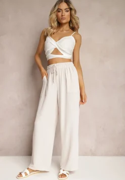 Jasnobeżowe Spodnie High Waist ze Sznurkiem w Talii i Prostą Nogawką Raveann