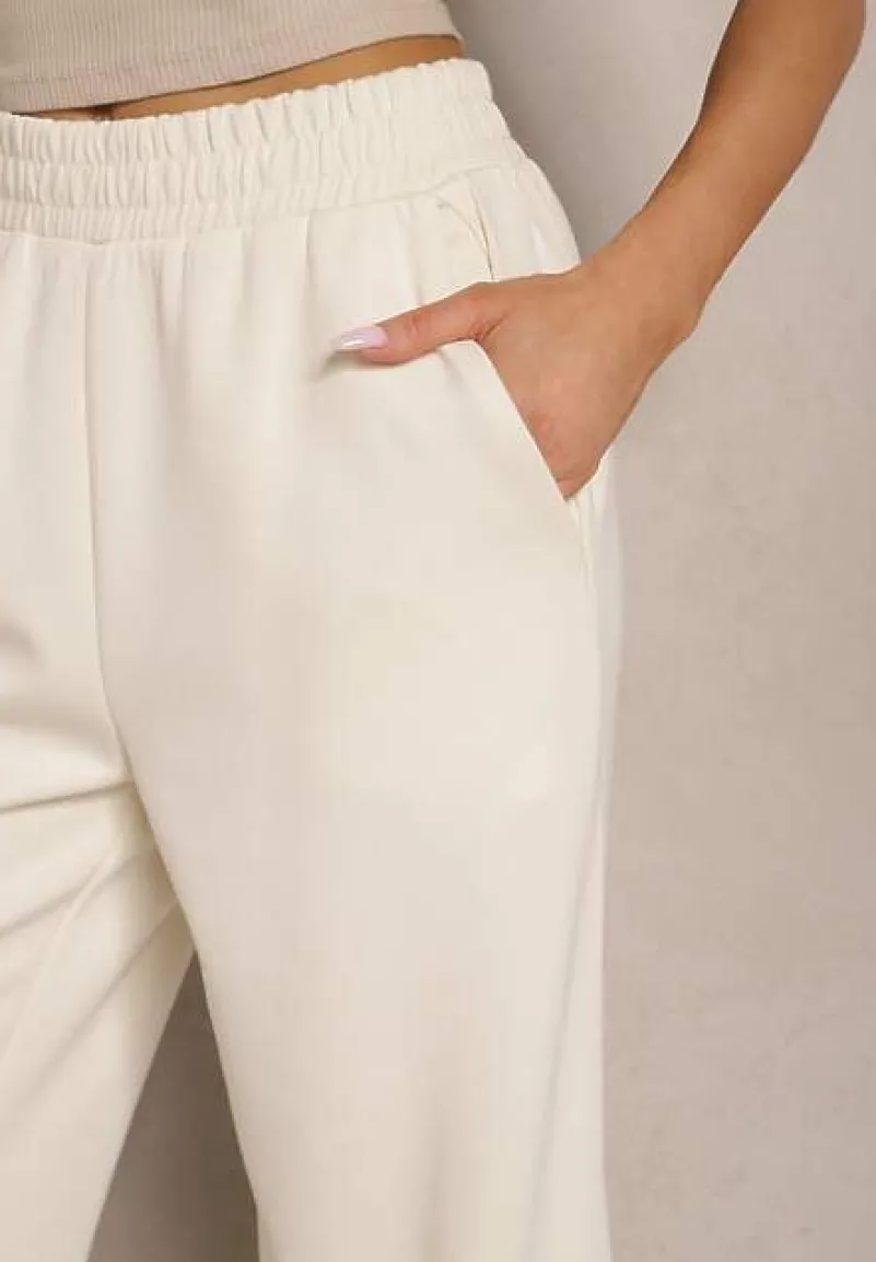 Jasnobeżowe Spodnie o Szerokim Kroju High Waist z Gumką w Pasie Belobira