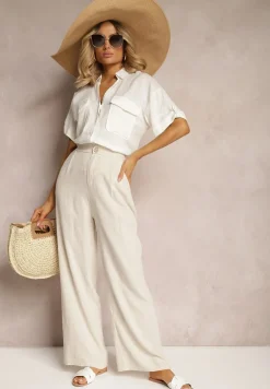 Jasnobeżowe Spodnie z Szerokimi Prostymi Nogawkami High Waist z Lnem Amivesa