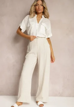 Jasnobeżowe Spodnie z Szerokimi Prostymi Nogawkami High Waist z Lnem Amivesa