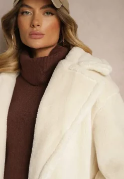 Jasnobeżowy Długi Płaszcz w Stylu Futerka Deozola