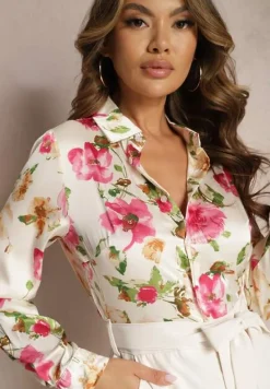 Jasnobeżowy Elegancki Kombinezon z Koszulową Górą w Kwiaty Wiązany w Talii Klerovia